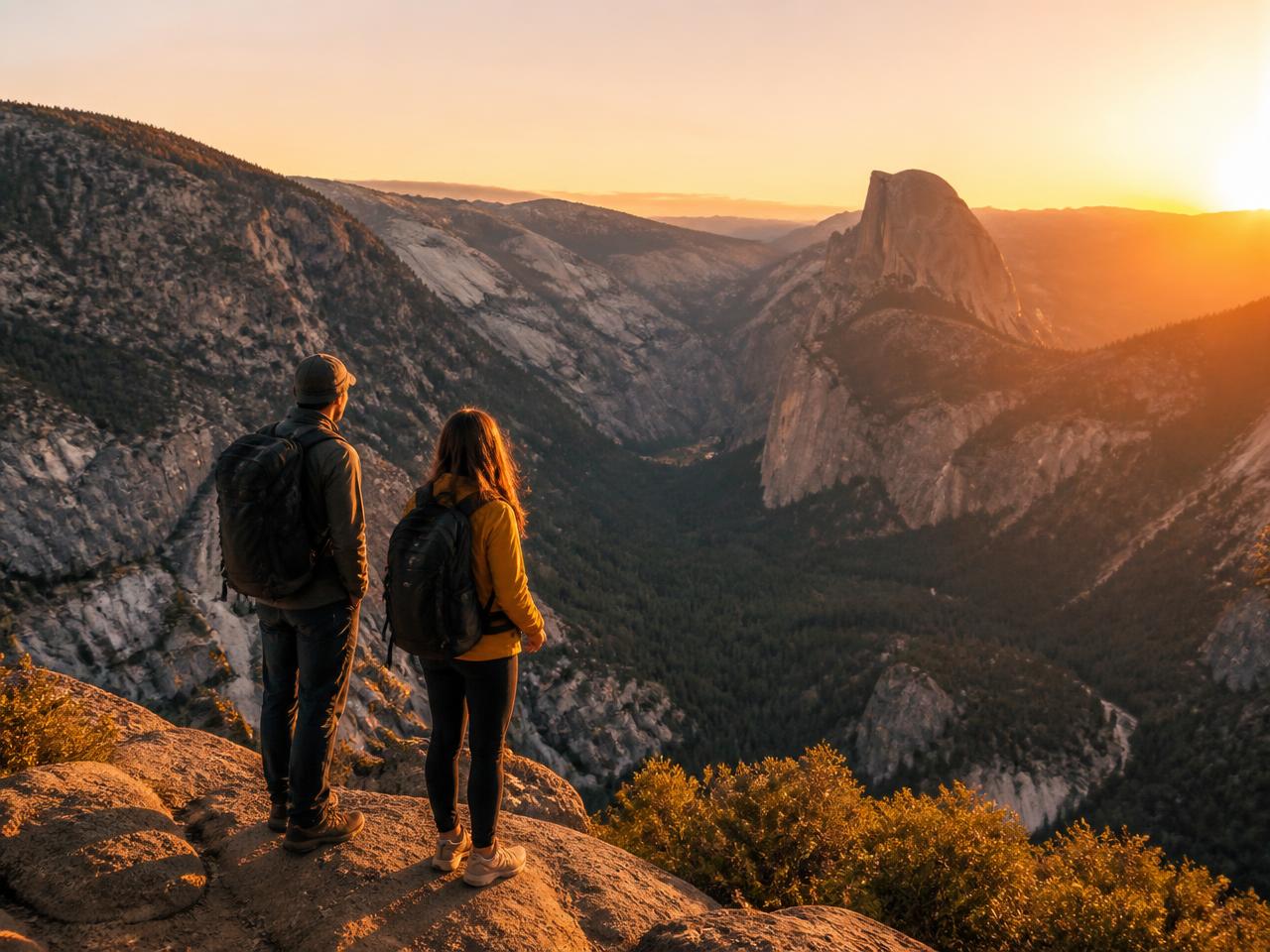 Two hikers overlooking a national park valley at sunset
